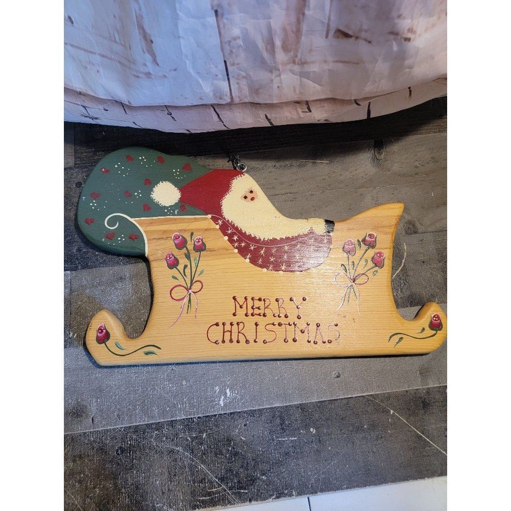 English roses wooden Merry Christmas Santa sled sign Xmas Decor figure
